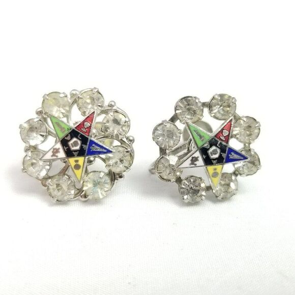 Vintage Masonic Eastern Star Rhinestone Enamel Clip On Earrings, Estate - Picture 1 of 6